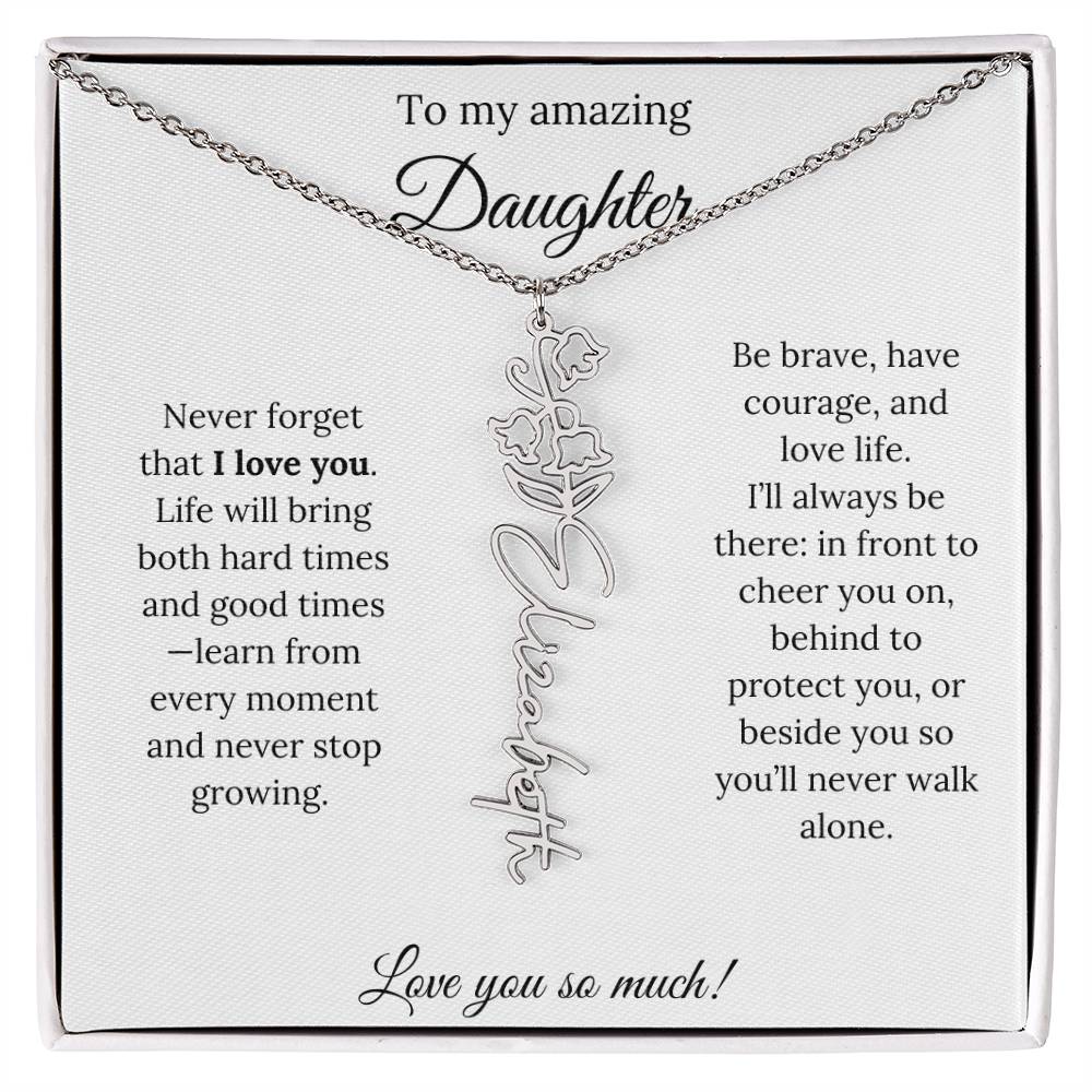 Personalized Daughter Necklace with Birth Flower Name & Inspiring Quote Card