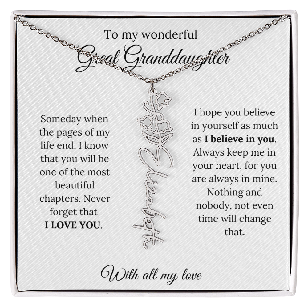 Great Granddaughter Birth Flower Name Necklace – “You Are One of the Most Beautiful Chapters” – Custom Keepsake Jewelry Gift