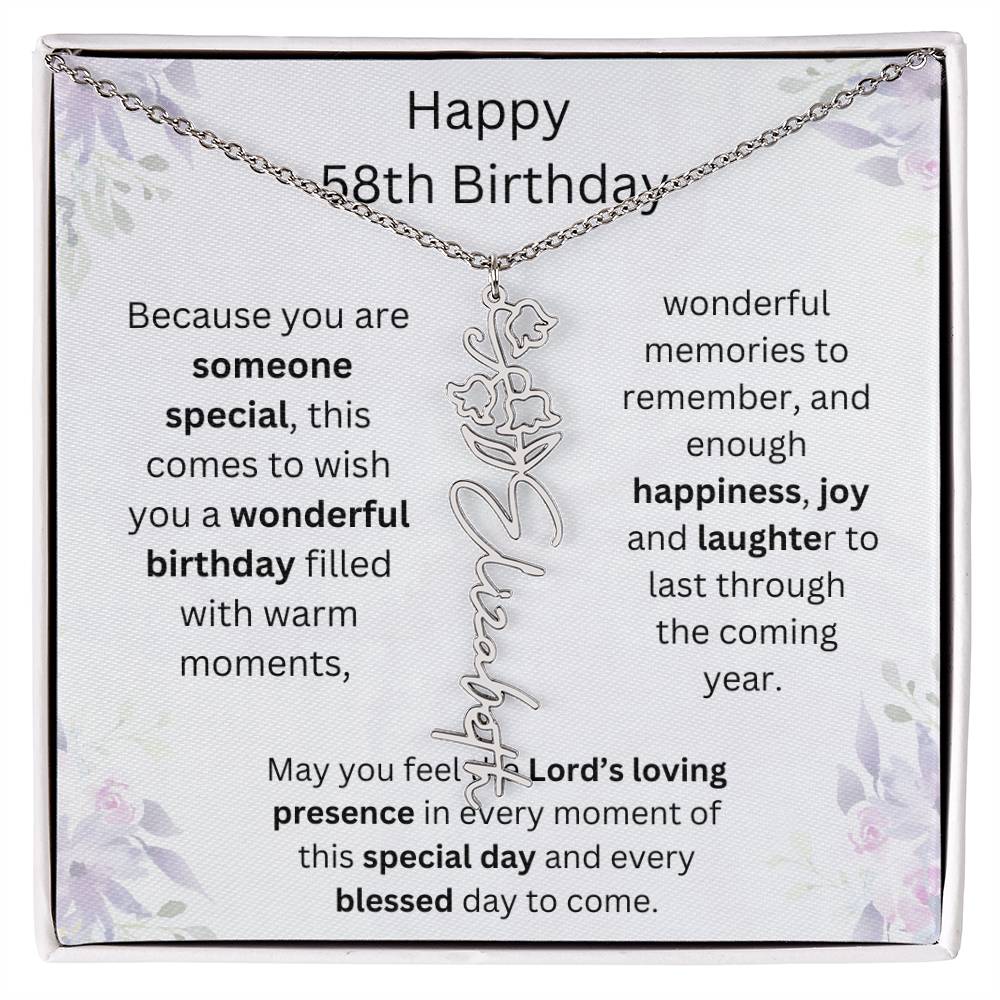 Wishing You Happiness, Joy & Laughter - Happy 58th Birthday | Flower Name Necklace