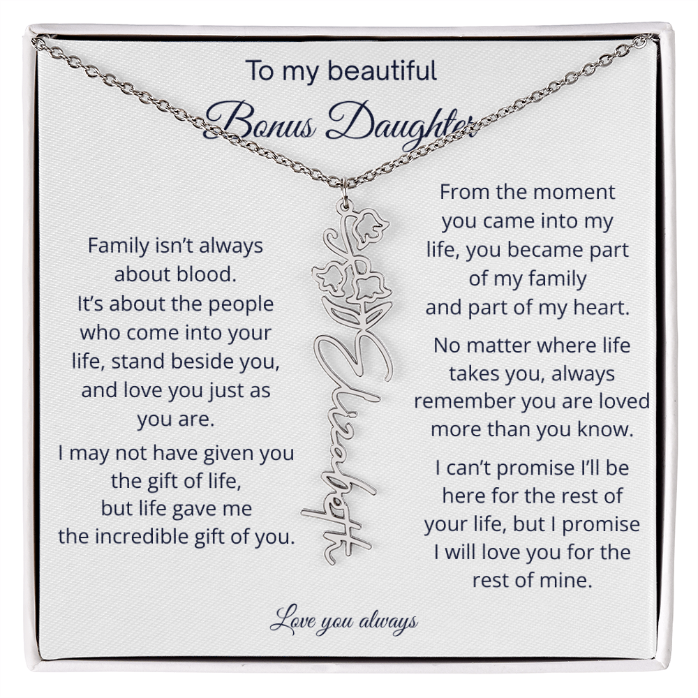 Bonus Daughter Jewelry Gift - Personalized Birth Flower Name Necklace