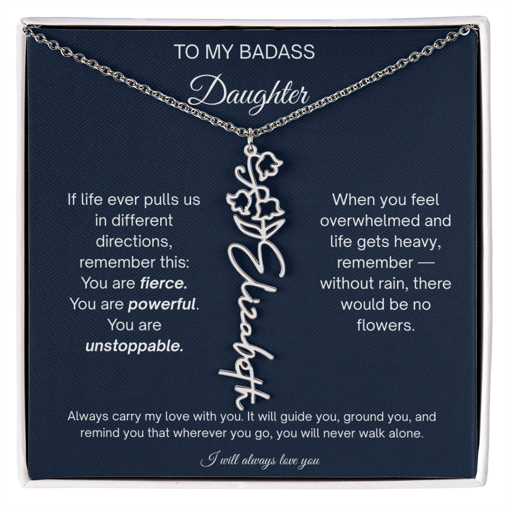 Badass Daughter Personalized Birth Flower Name Necklace