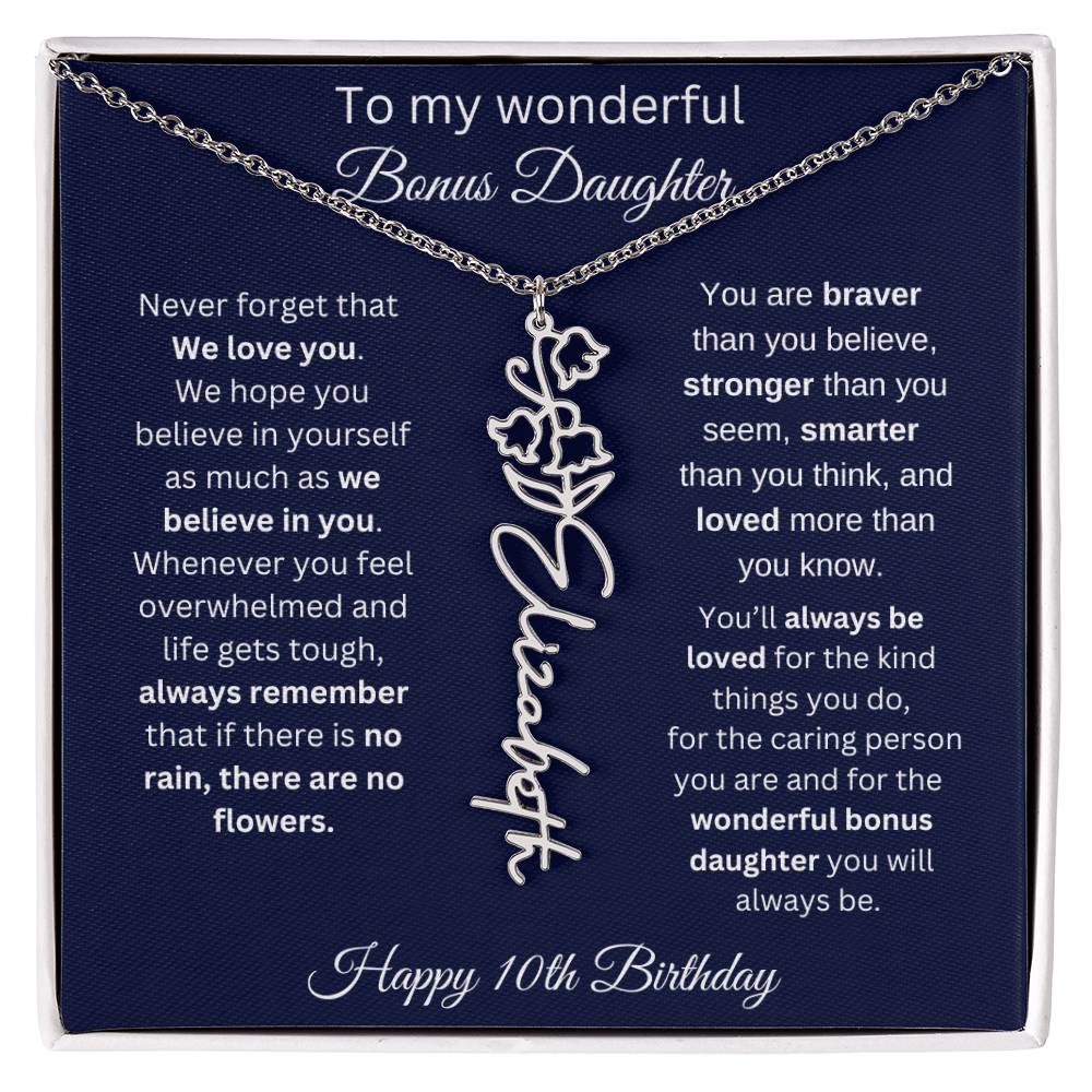 10th Birthday Gift For Bonus Daughter - Personalized Birthmonth Flower Name Necklace