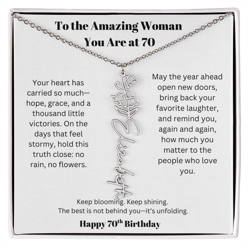To The Amazing Woman | 70th Birthday Keepsake Jewelry | Flower Name Necklace