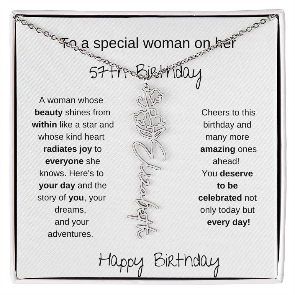 To A Special Women On Her 57th Birthday - Flower Name Necklace