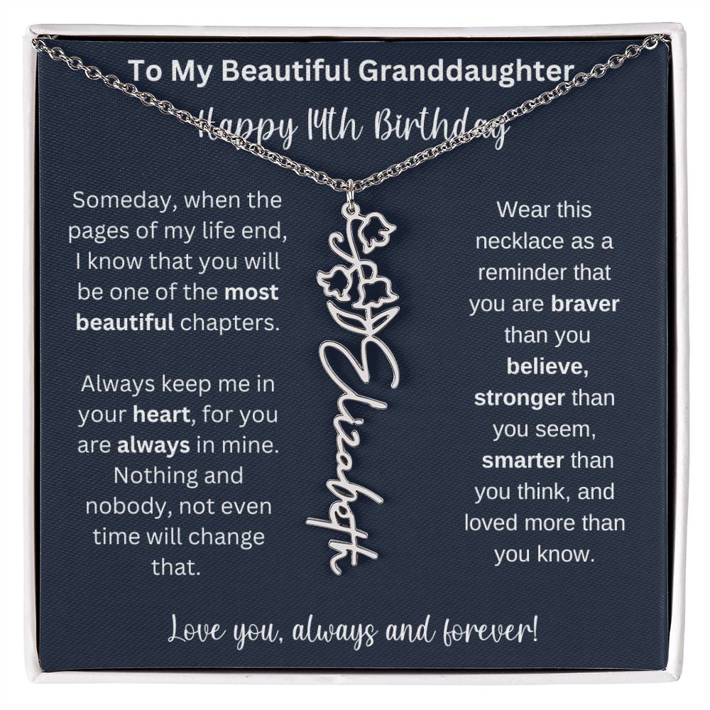 14th Birthday Gift For Granddaughter | Personalized Birth Flower Name Necklace