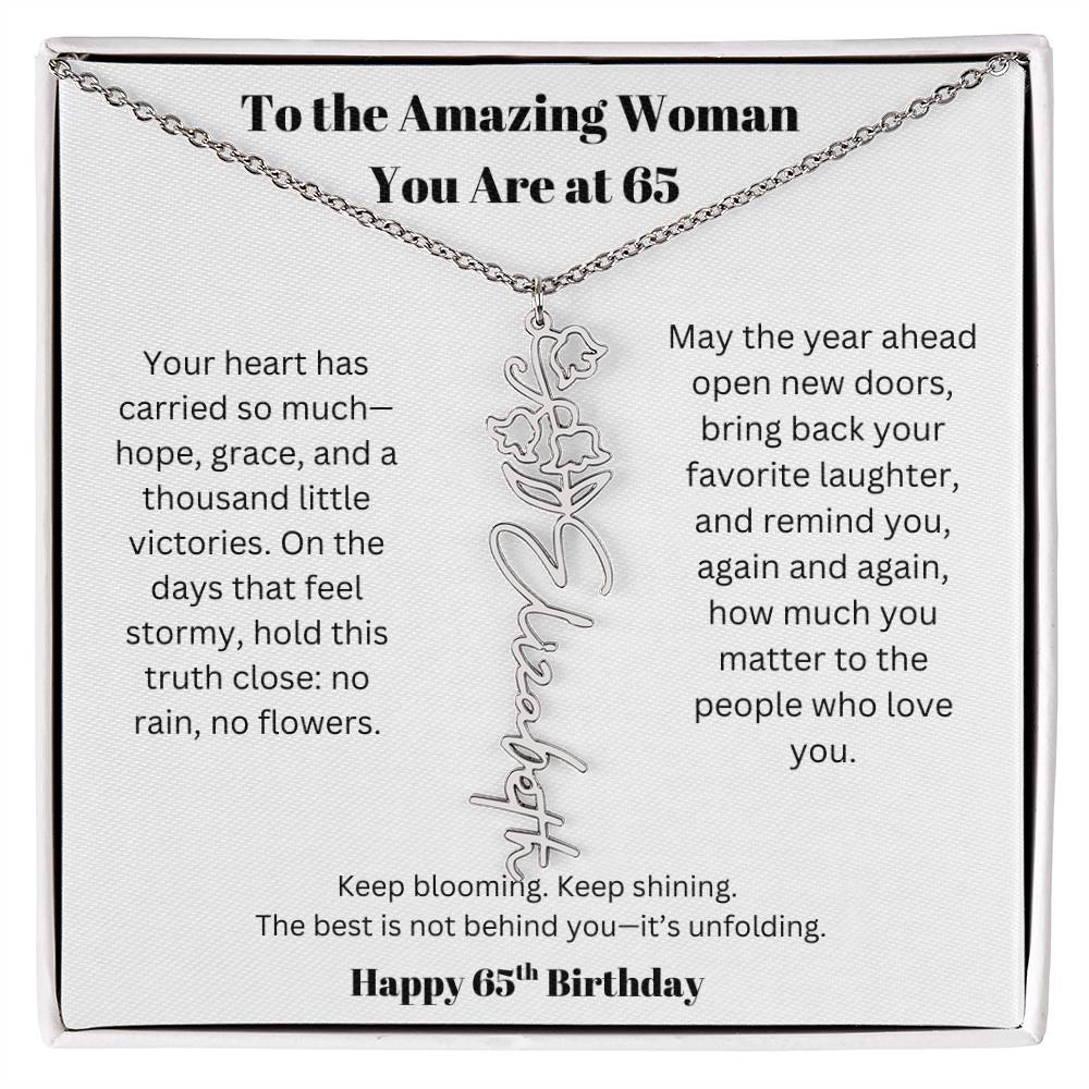 To The Amazing Woman | 65th Birthday Keepsake Jewelry | Flower Name Necklace