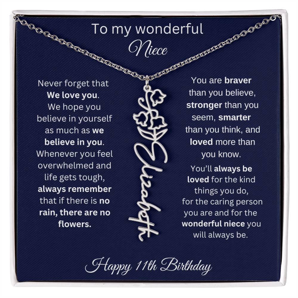 11th Birthday Gift For Niece - Personalized Birthmonth Flower Name Necklace