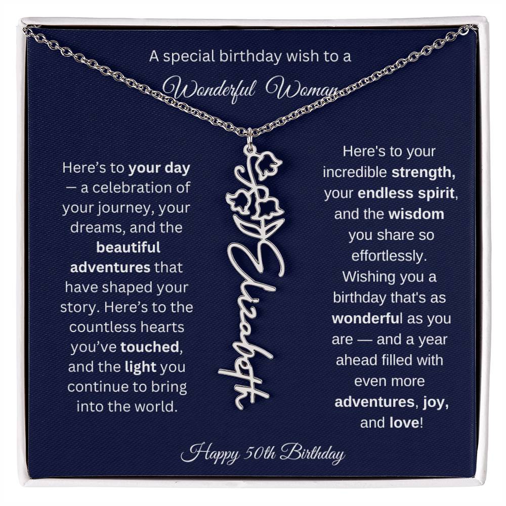 Happy 50th Birthday - Personalized Birth Flower Name Necklace with Message Card