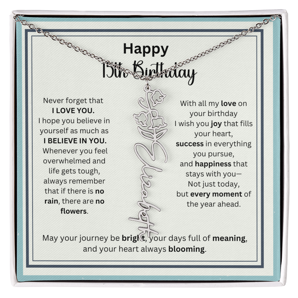Personalized 15th Birthday Gift for Her - Birth Flower Necklace with Card