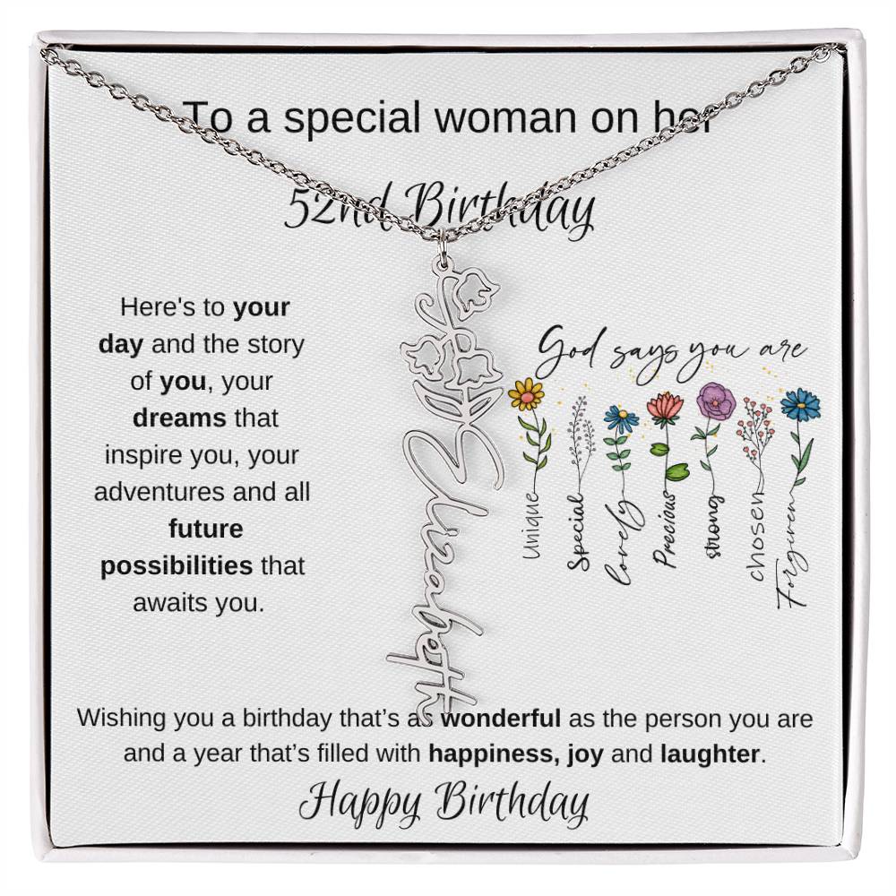 To A Special Woman On Her 52nd Birthday - Flower Name Necklace