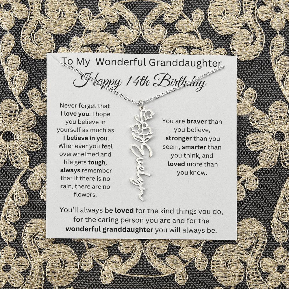 To My Wonderful Granddaughter - Happy 14th Birthday - Flower Name Necklace