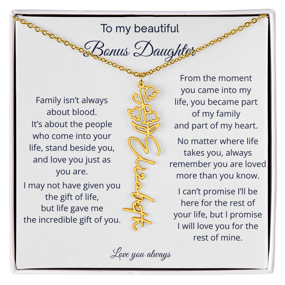 Bonus Daughter Jewelry Gift - Personalized Birth Flower Name Necklace