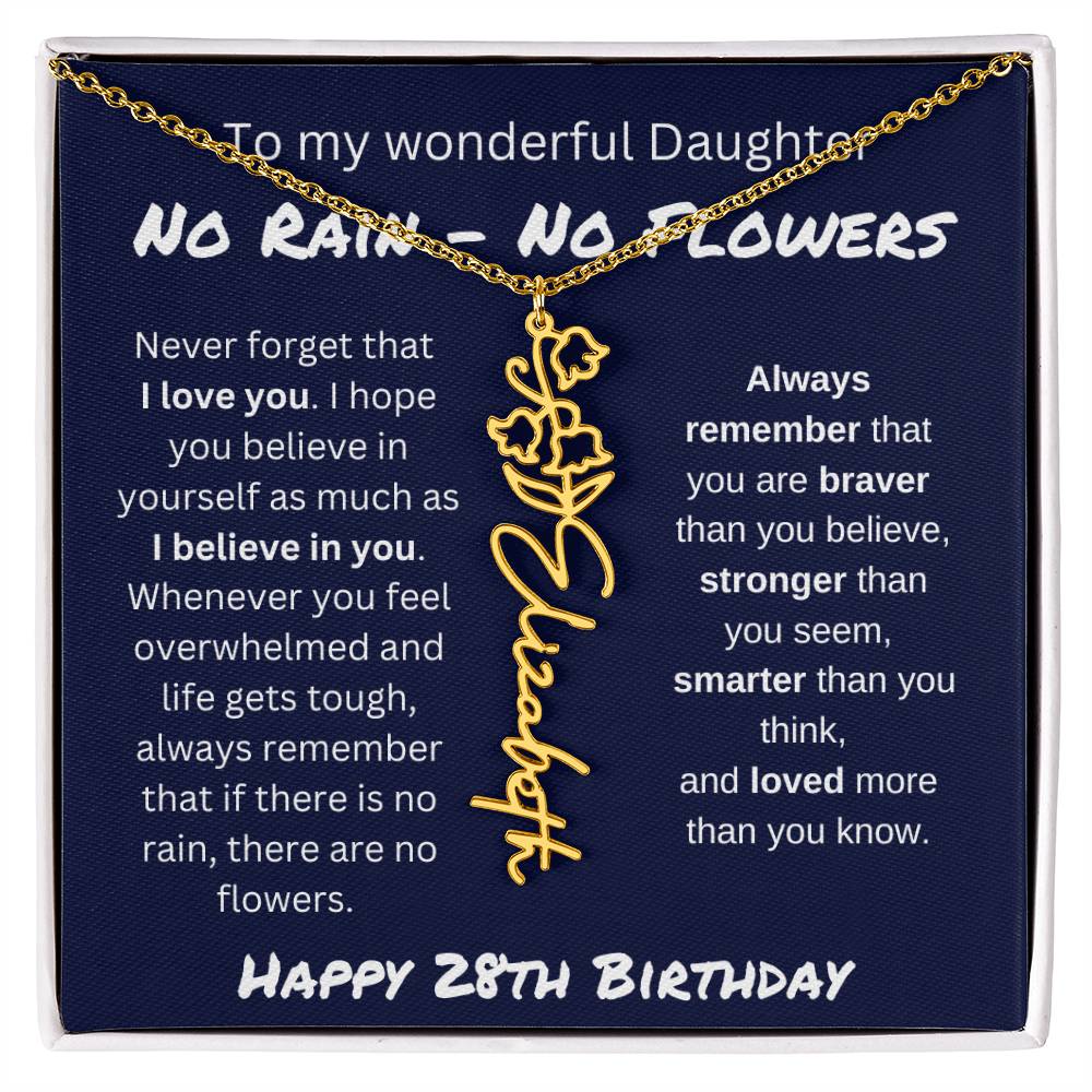 No Rain - No Flower | Happy 28th Birthday | Flower Name Necklace