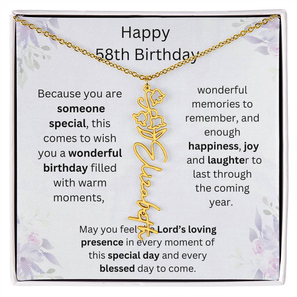 Wishing You Happiness, Joy & Laughter - Happy 58th Birthday | Flower Name Necklace