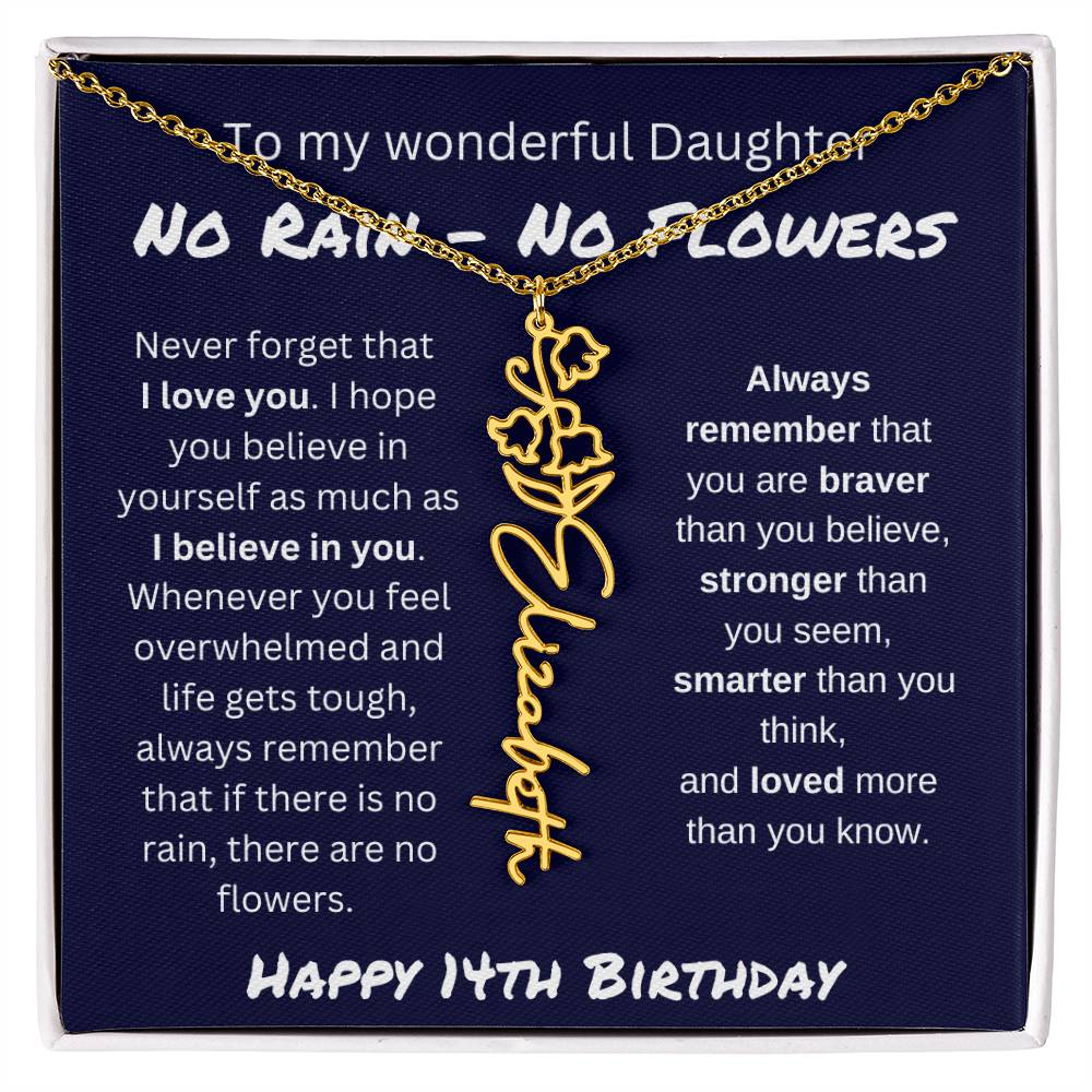 No Rain - No Flower | Happy 14th Birthday | Flower Name Necklace