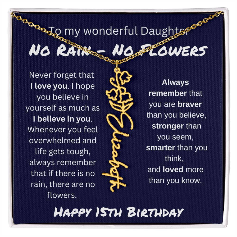 No Rain - No Flower | Happy 15th Birthday | Flower Name Necklace