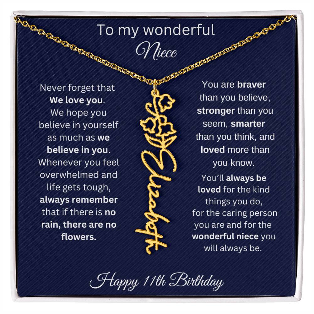 11th Birthday Gift For Niece - Personalized Birthmonth Flower Name Necklace
