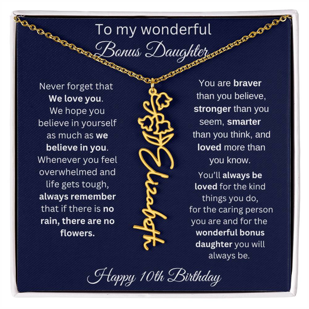 10th Birthday Gift For Bonus Daughter - Personalized Birthmonth Flower Name Necklace