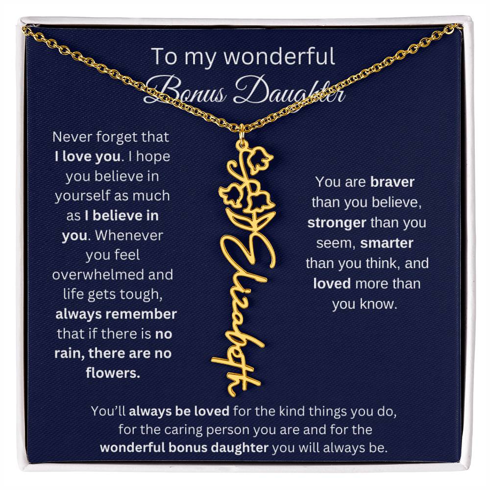To My Wonderful Bonus Daughter - I Love You - Flower Name Necklace