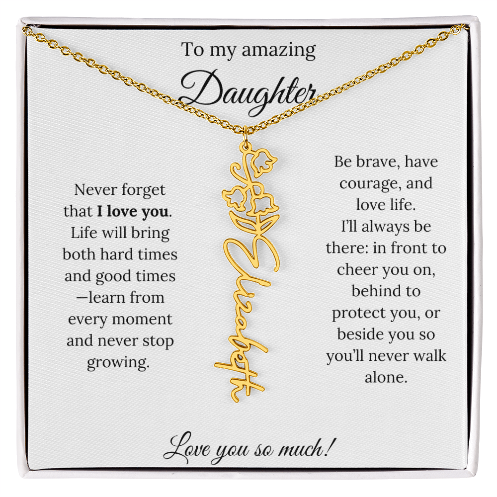 Personalized Daughter Necklace with Birth Flower Name & Inspiring Quote Card