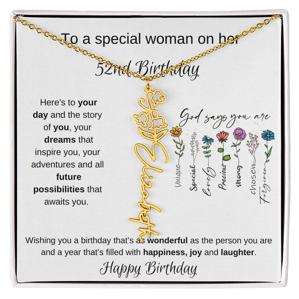 To A Special Woman On Her 52nd Birthday - Flower Name Necklace