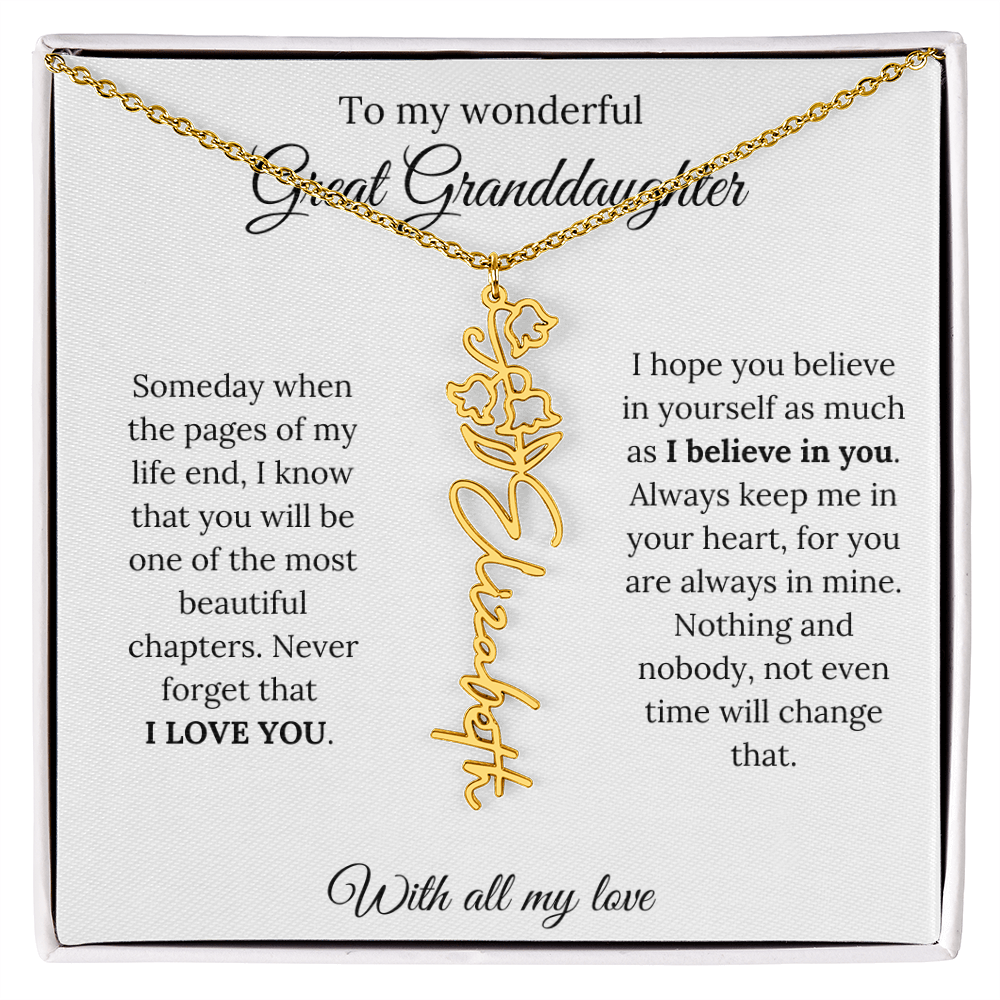 Great Granddaughter Birth Flower Name Necklace – “You Are One of the Most Beautiful Chapters” – Custom Keepsake Jewelry Gift