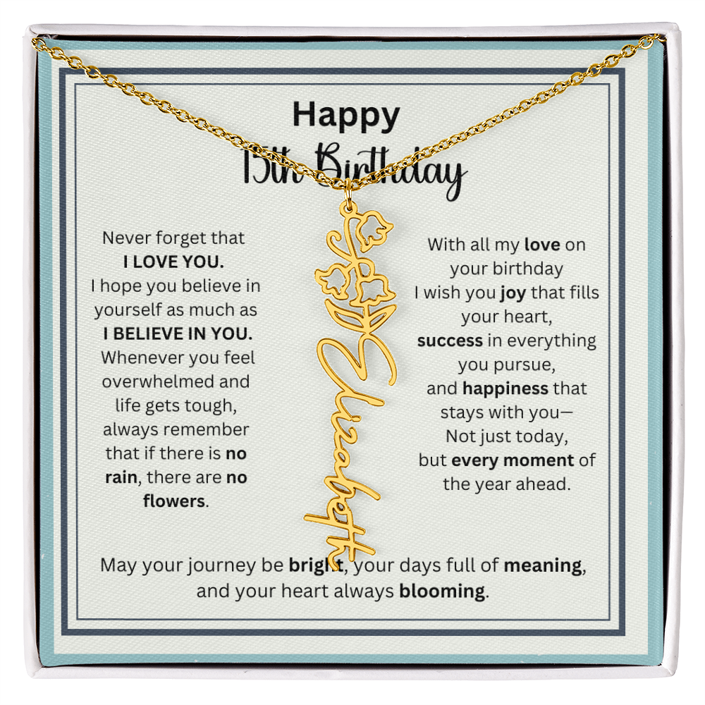 Personalized 15th Birthday Gift for Her - Birth Flower Necklace with Card