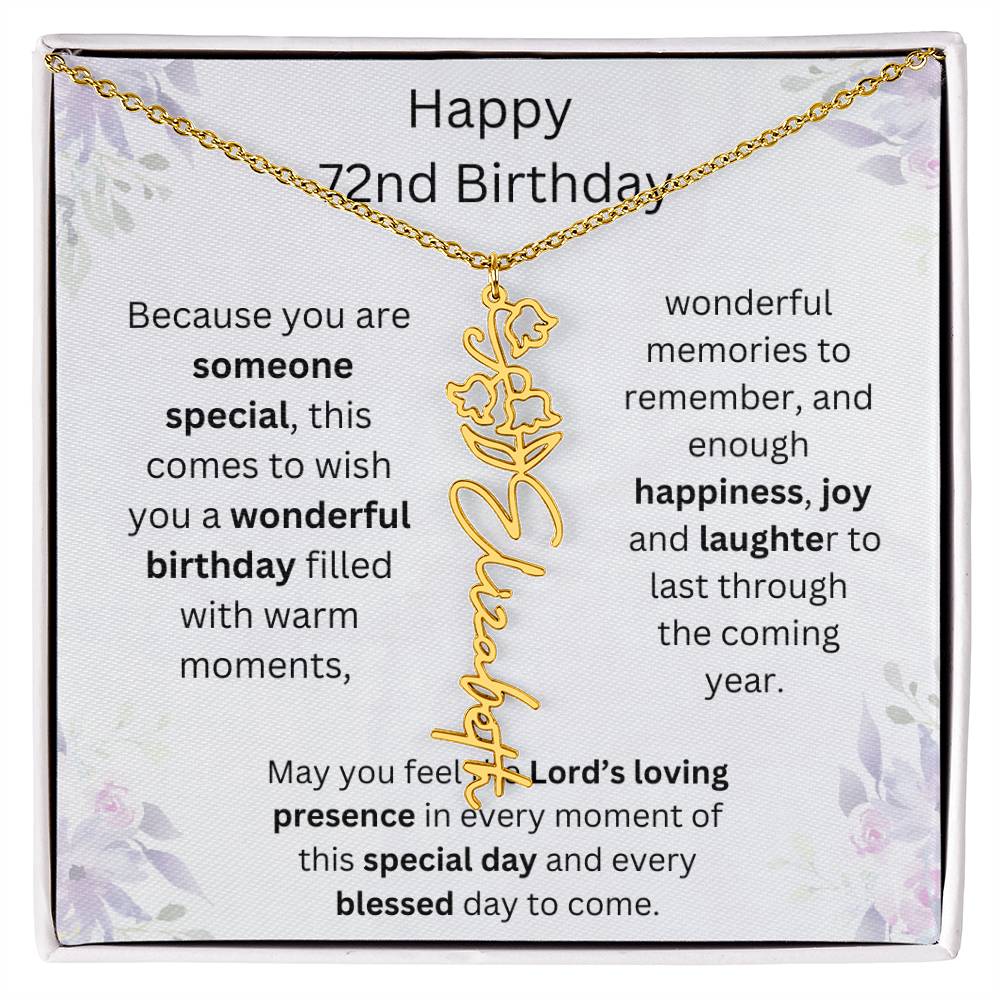 Wishing You Happiness, Joy & Laughter - Happy 72nd Birthday | Flower Name Necklace