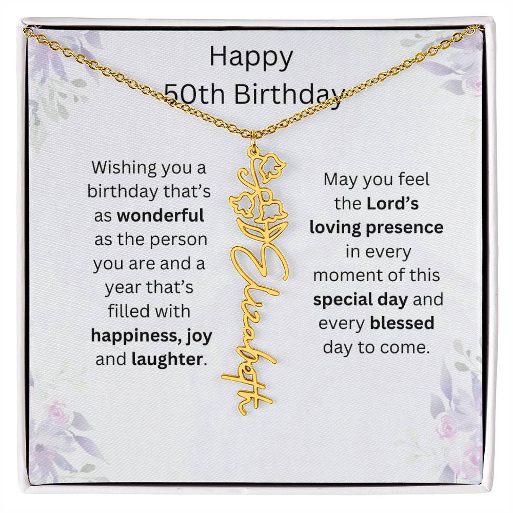 Wishing You Happiness, Joy & Laughter - Happy 50th Birthday | Flower Name Necklace