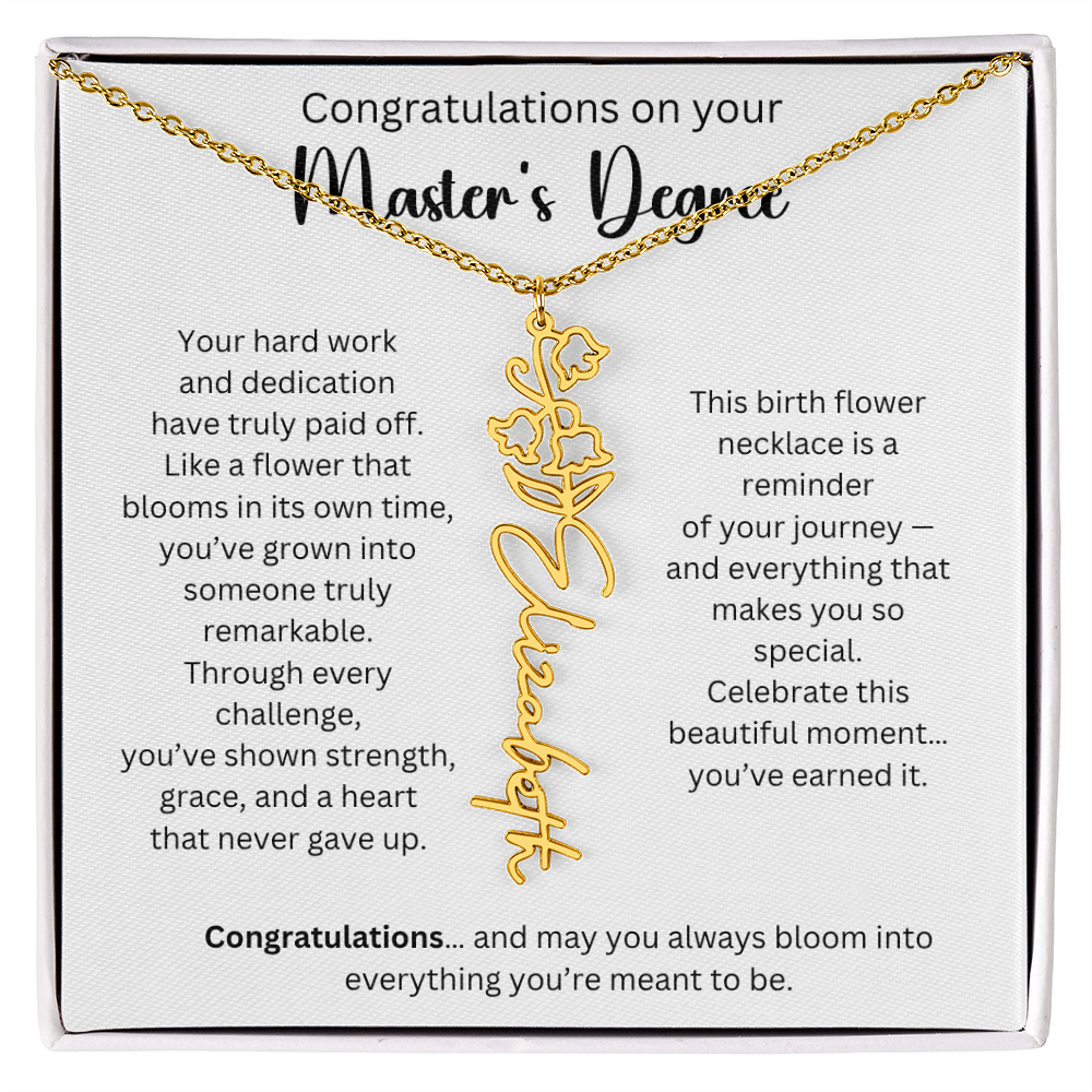 Personalized Masters Graduation Keepsake Gift - Birth Flower Name Necklace