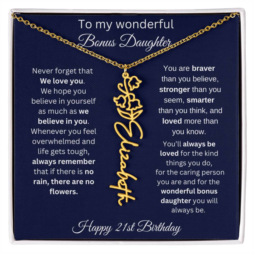 21st Birthday Gift For Bonus Daughter - Personalized Birthmonth Flower Name Necklace