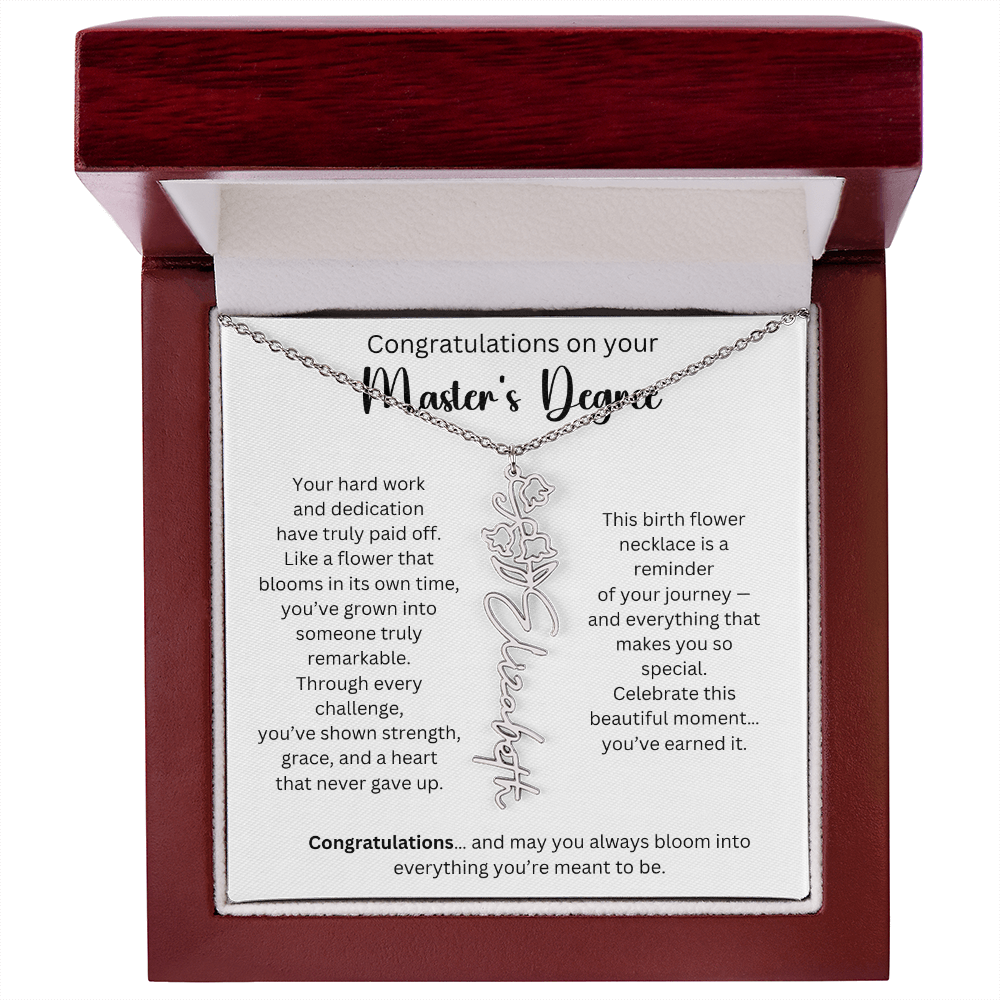 Personalized Masters Graduation Keepsake Gift - Birth Flower Name Necklace