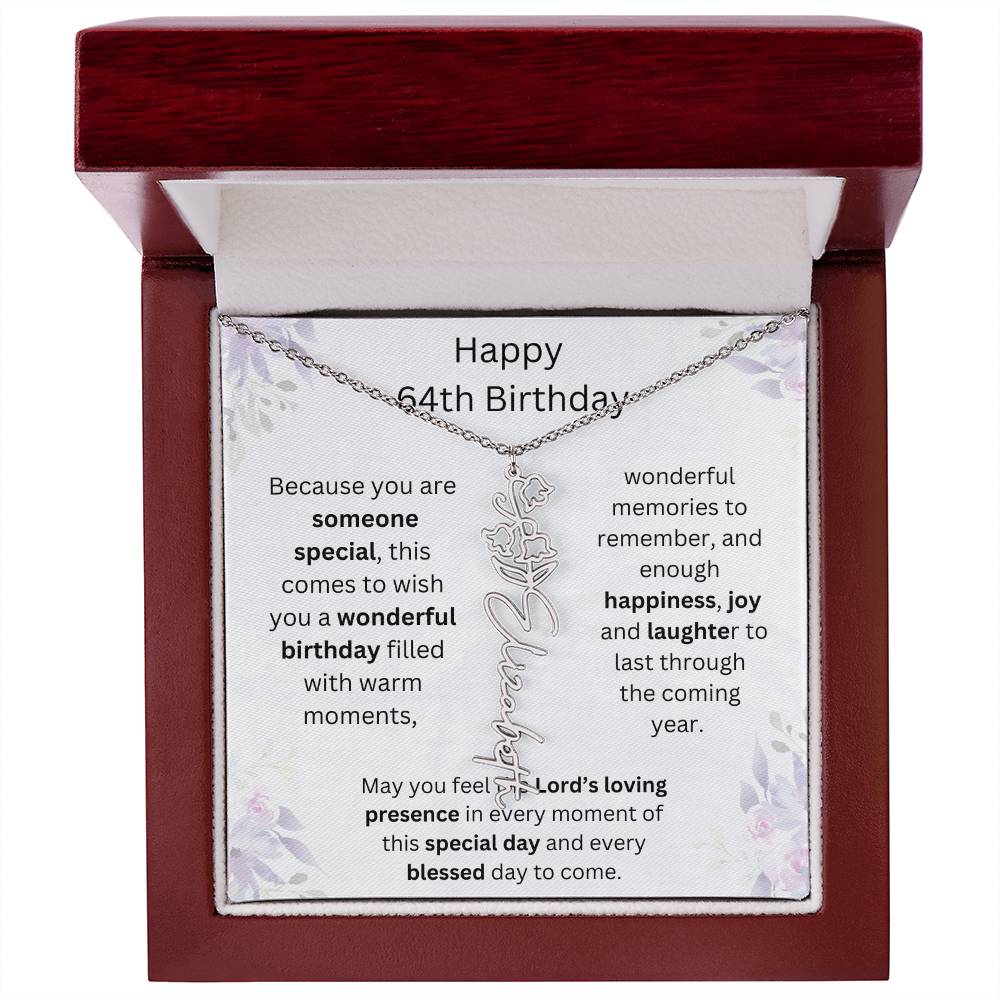 Wishing You Happiness, Joy & Laughter - Happy 64th Birthday | Flower Name Necklace