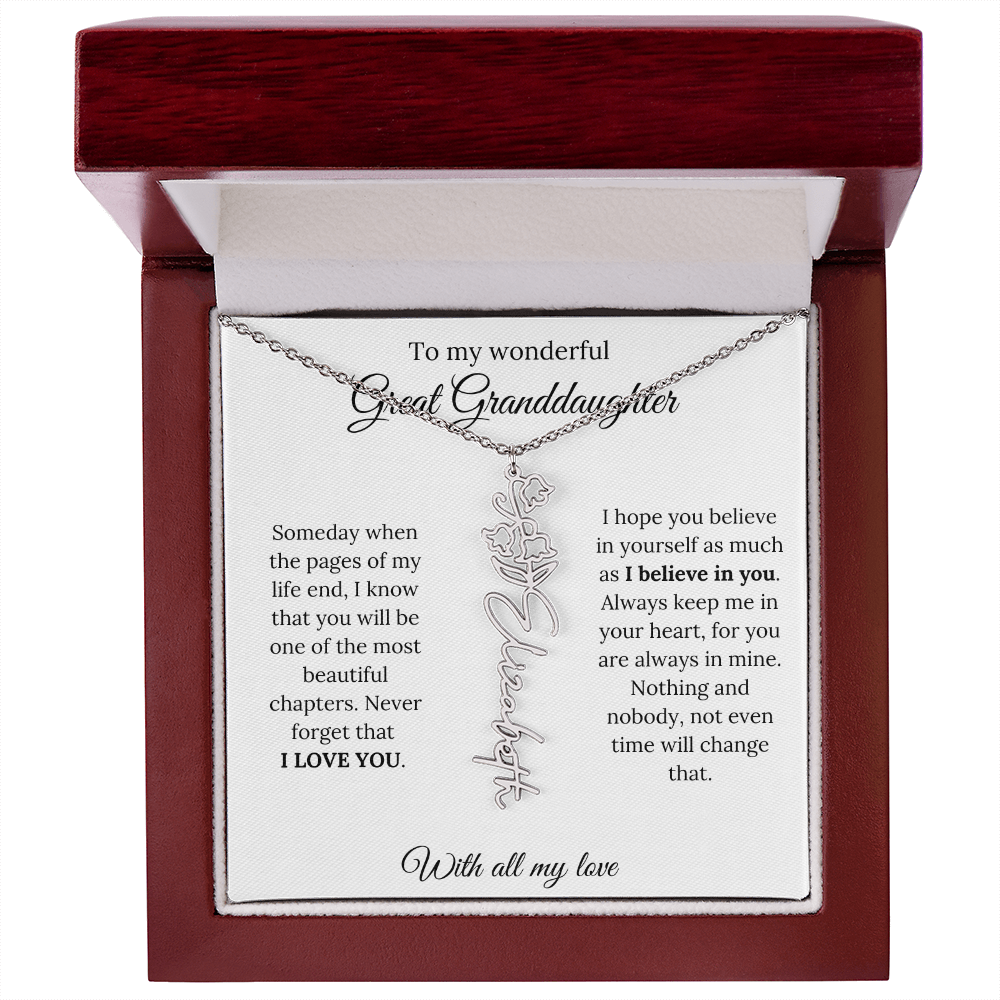 Great Granddaughter Birth Flower Name Necklace – “You Are One of the Most Beautiful Chapters” – Custom Keepsake Jewelry Gift