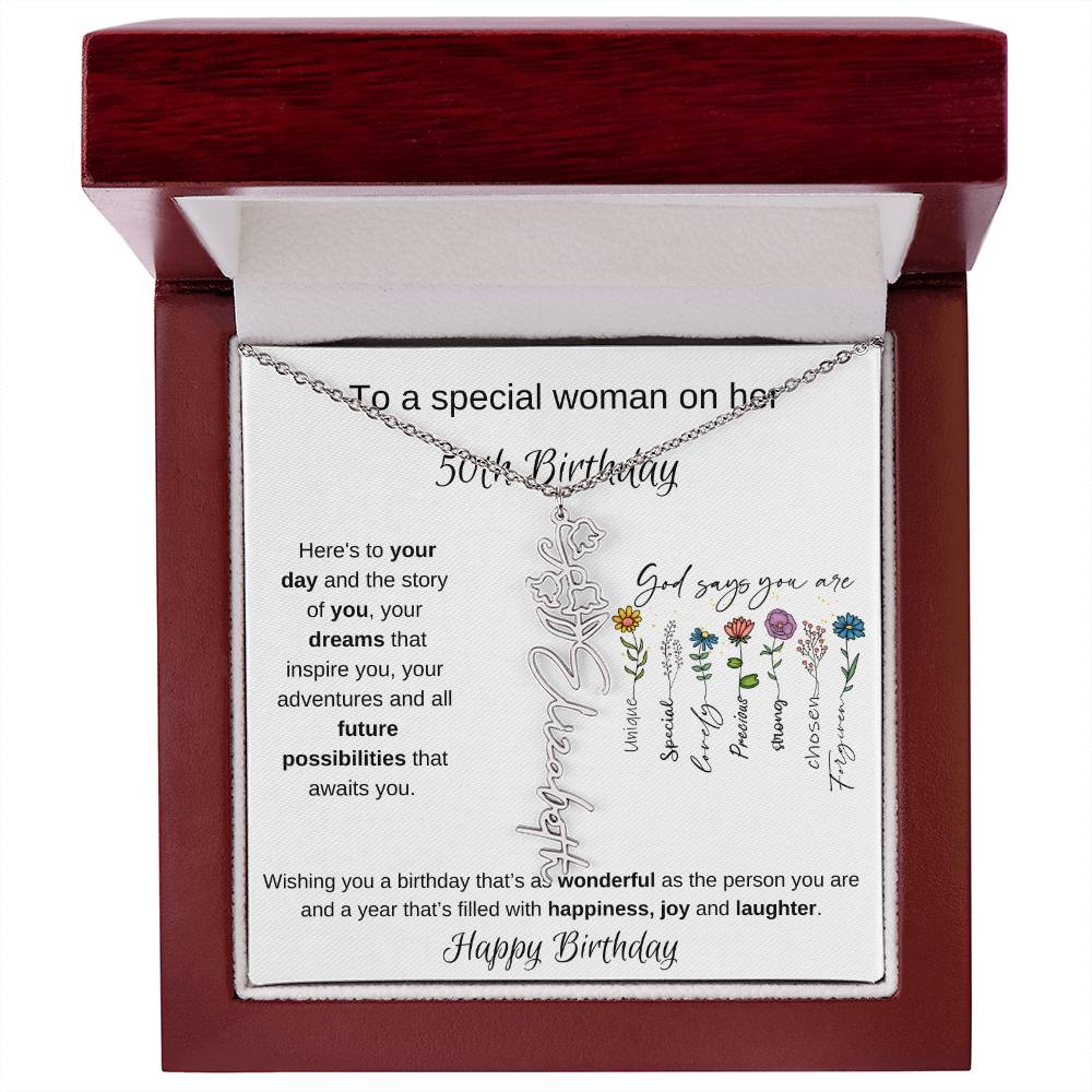 To A Special Woman On Her 50th Birthday - Flower Name Necklace