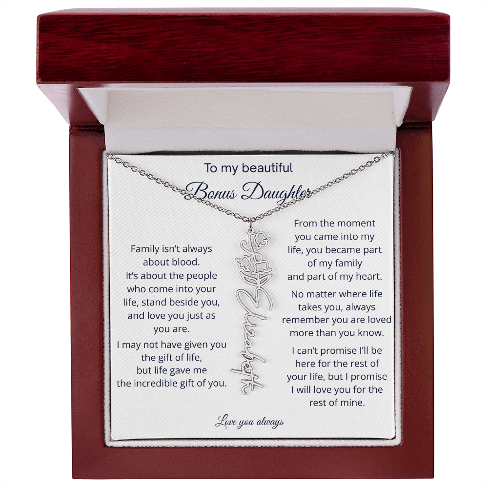 Bonus Daughter Jewelry Gift - Personalized Birth Flower Name Necklace