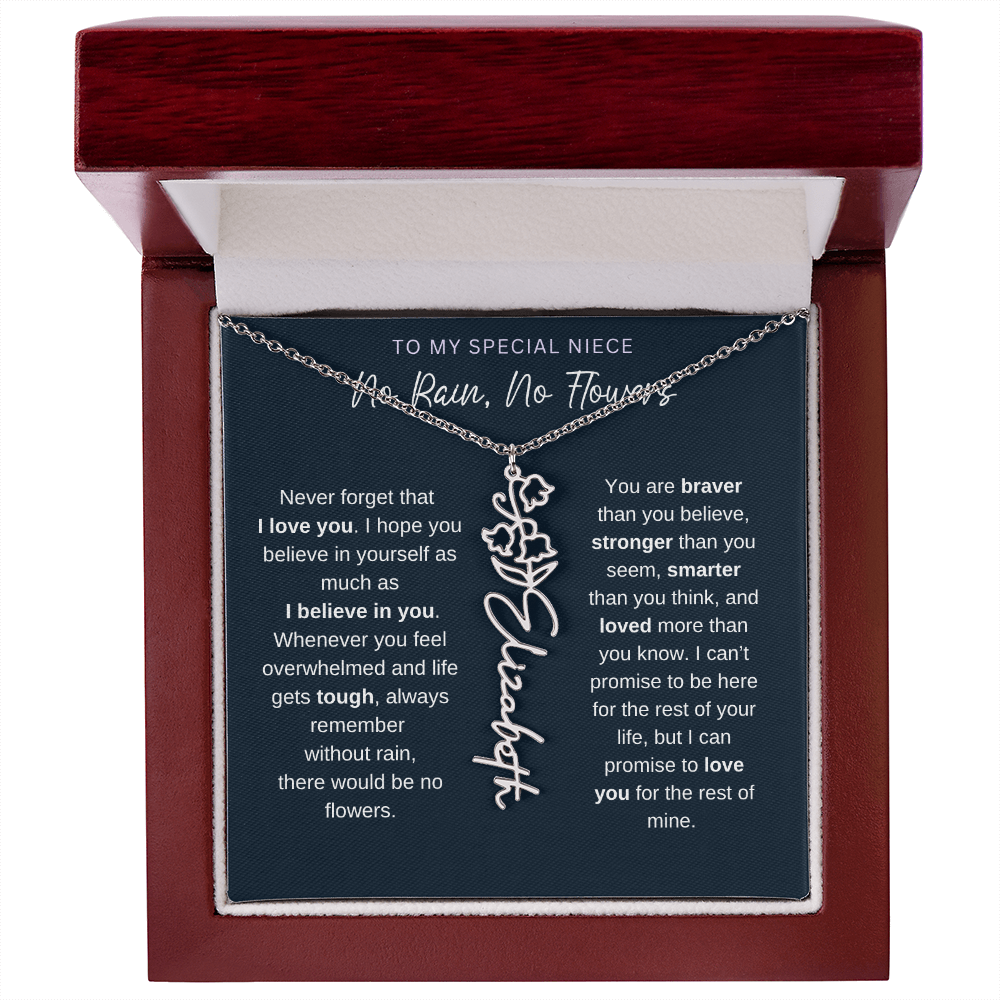 To My Special Niece | No Rain, No Flowers | Birth Flower Name Necklace