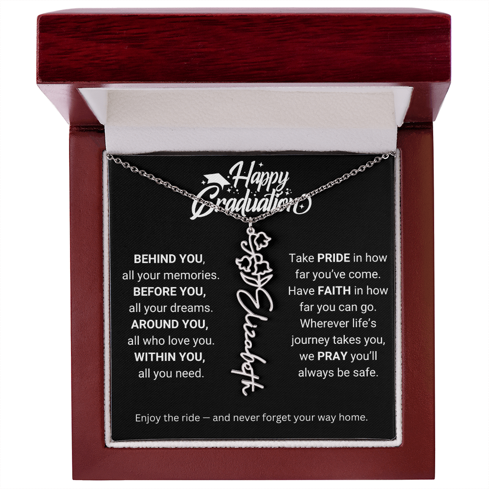 Happy Graduation | Enjoy The Ride & Never Forget Your Way Home | Flower Name Necklace