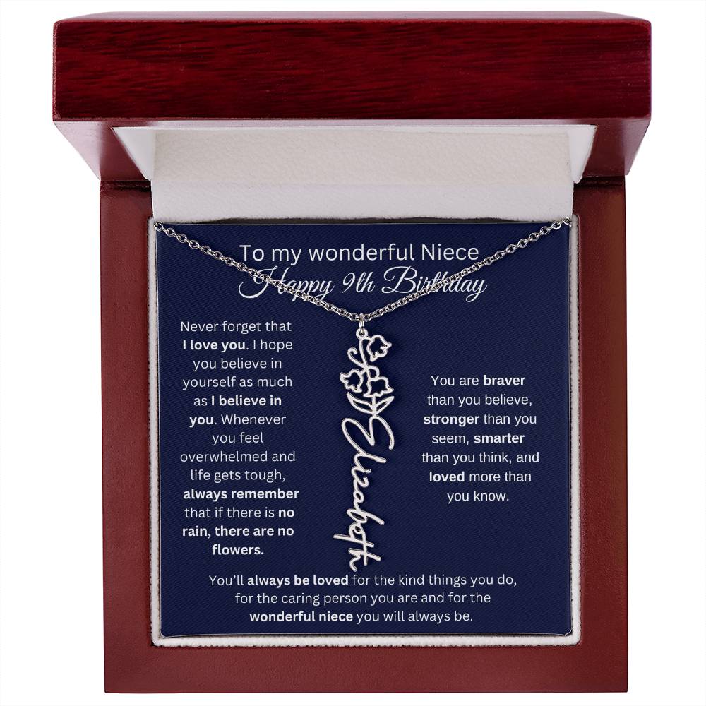 To My Wonderful Niece | Happy 9th Birthday | Flower Name Necklace