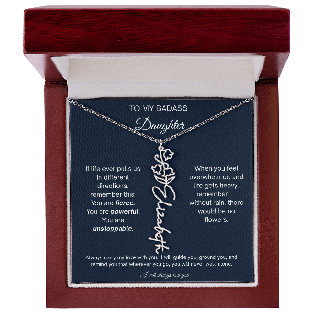Badass Daughter Personalized Birth Flower Name Necklace