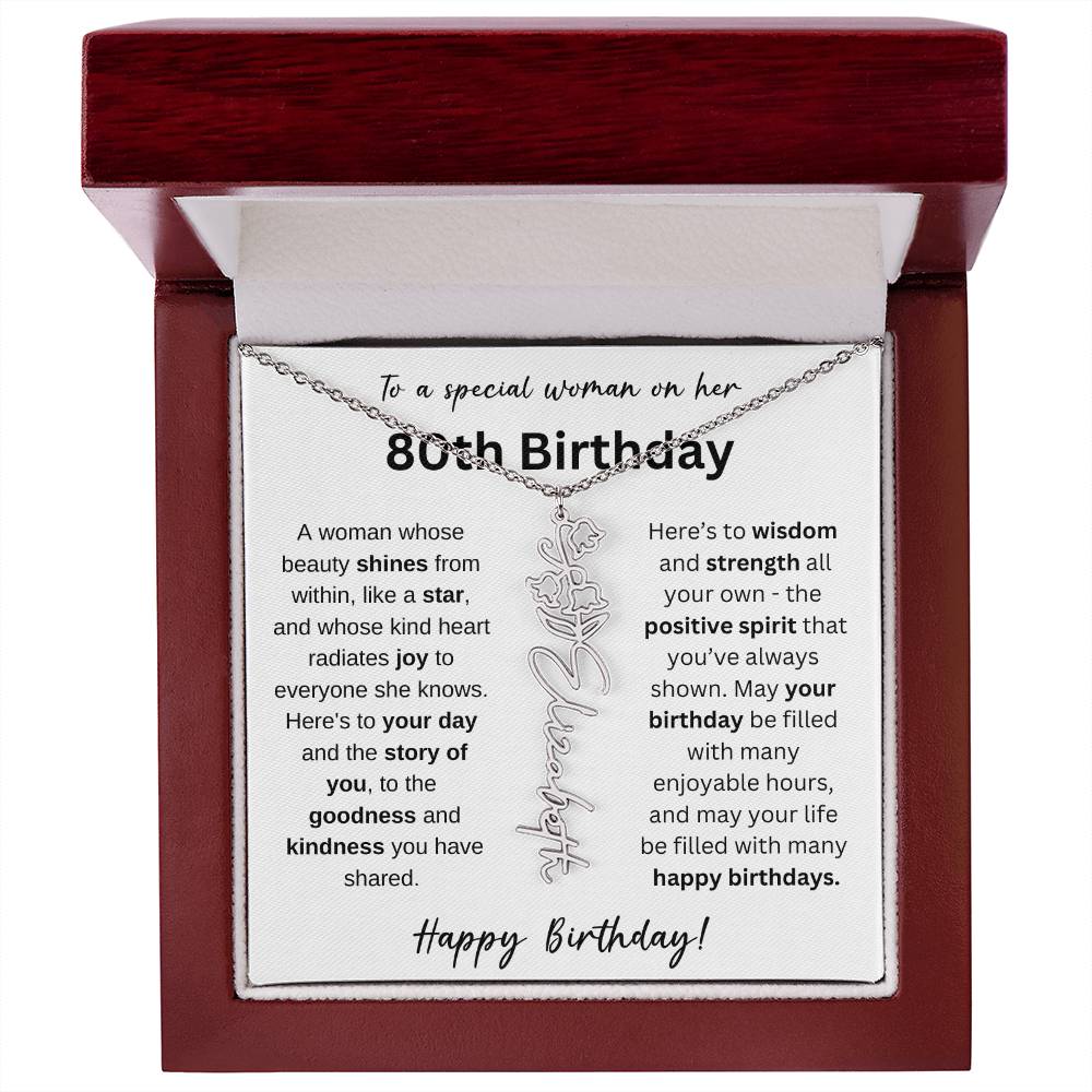 A Woman Whose Beauty Shines From Within - Happy 80th Birthday - Flower Name Necklace