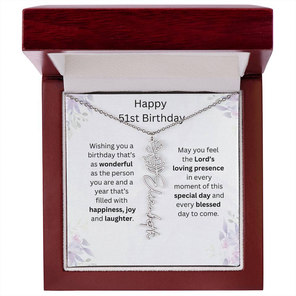 Wishing You Happiness, Joy & Laughter - Happy 51st Birthday | Flower Name Necklace
