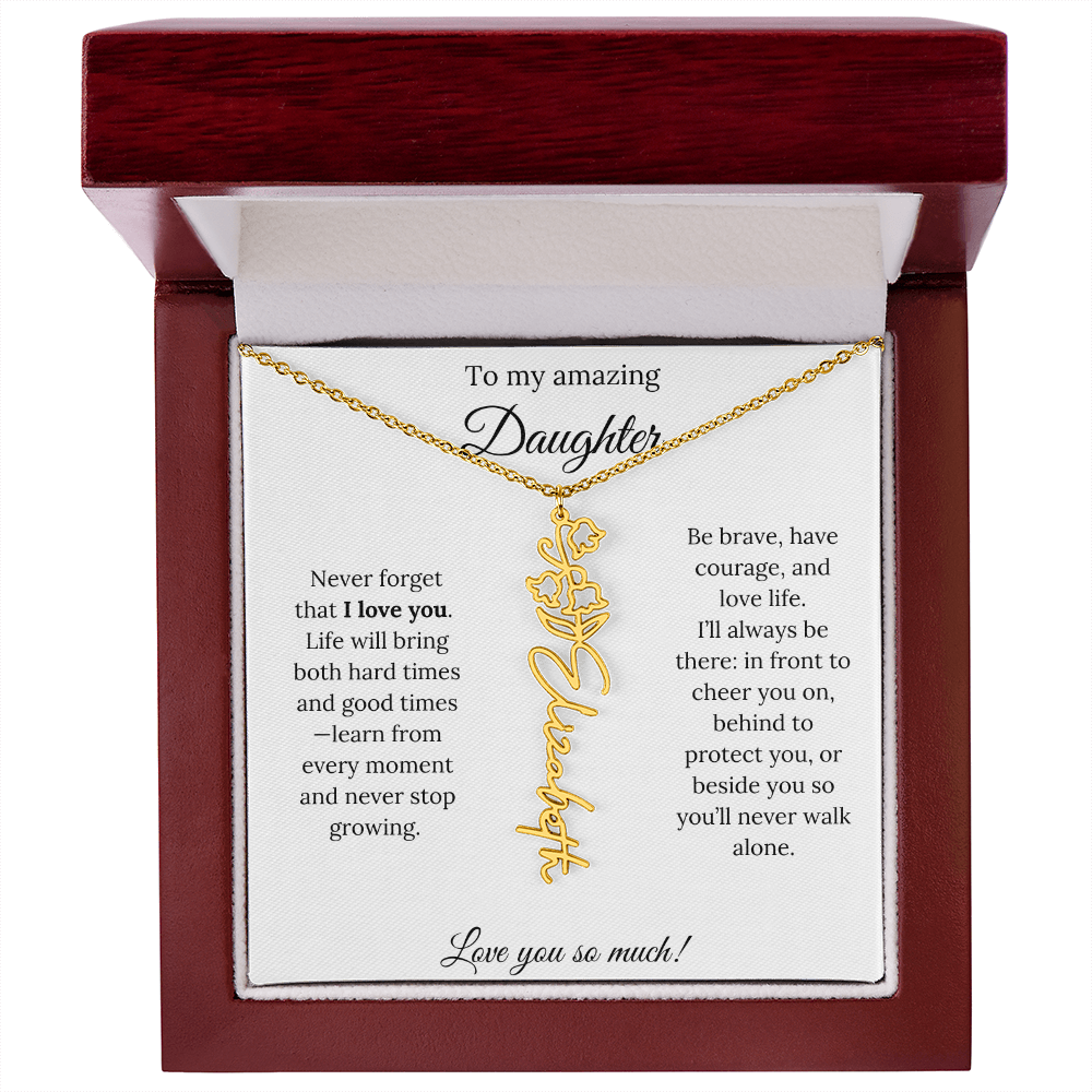 Personalized Daughter Necklace with Birth Flower Name & Inspiring Quote Card