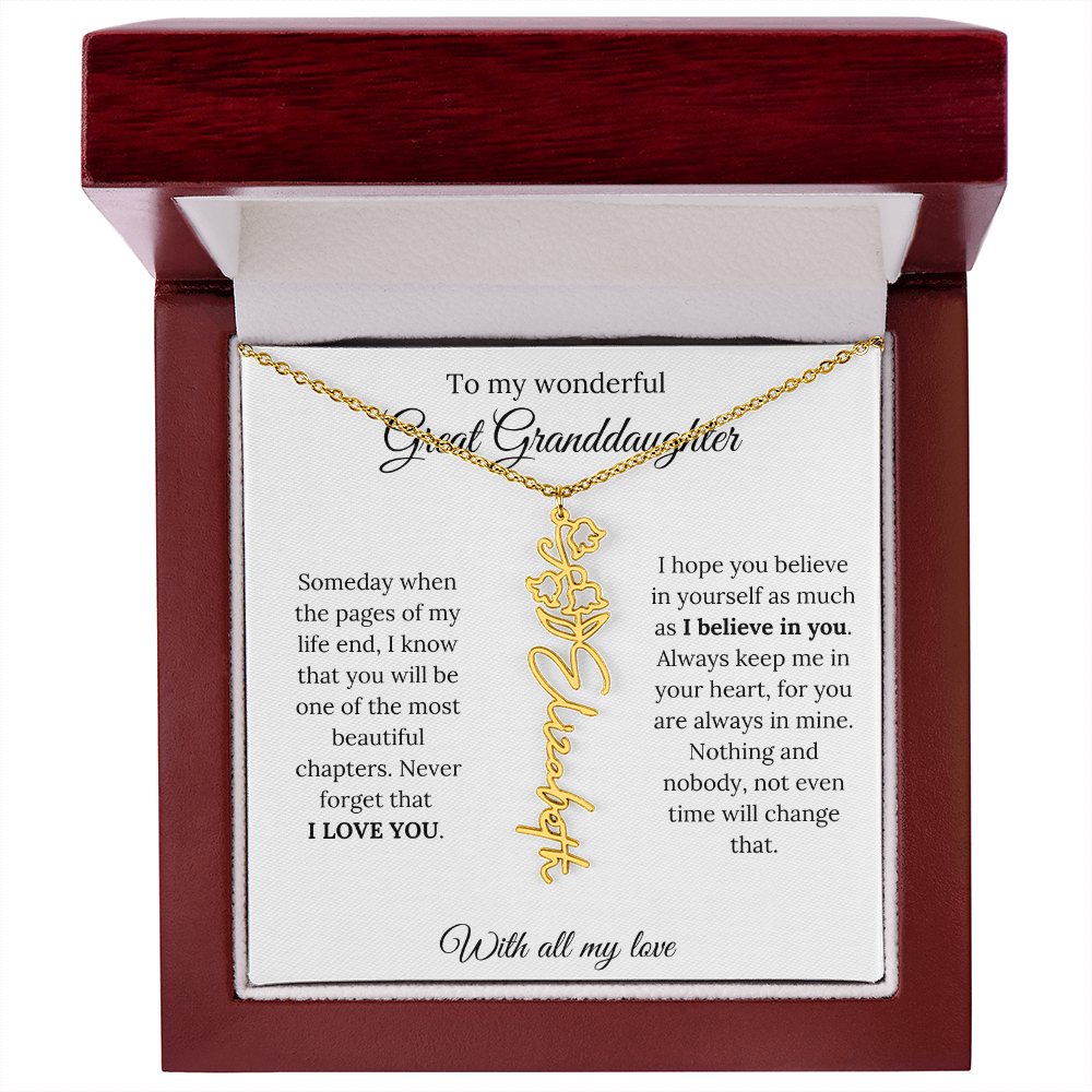Great Granddaughter Birth Flower Name Necklace – “You Are One of the Most Beautiful Chapters” – Custom Keepsake Jewelry Gift