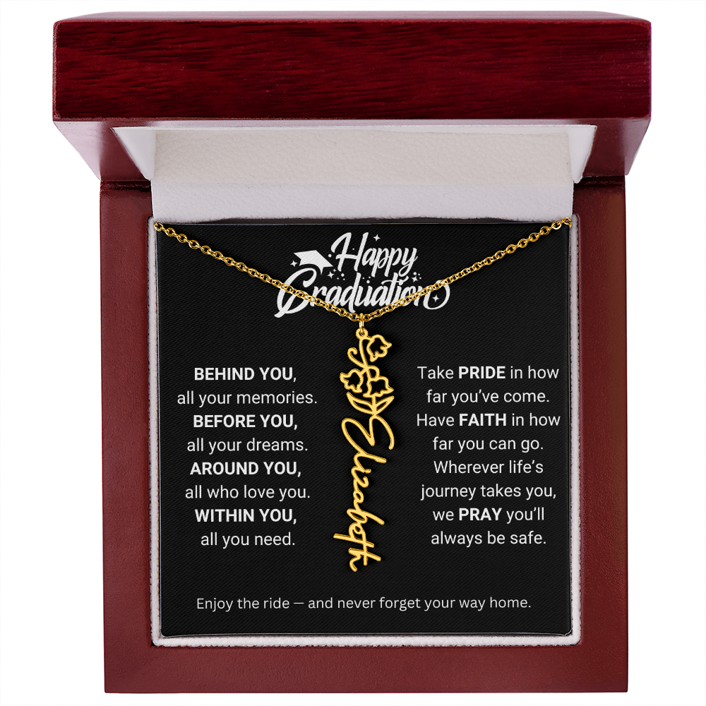 Happy Graduation | Enjoy The Ride & Never Forget Your Way Home | Flower Name Necklace