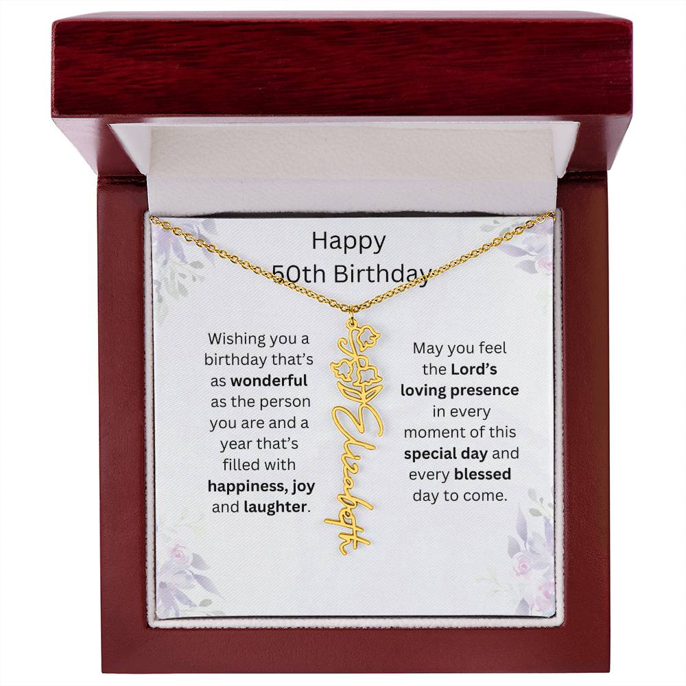 Wishing You Happiness, Joy & Laughter - Happy 50th Birthday | Flower Name Necklace