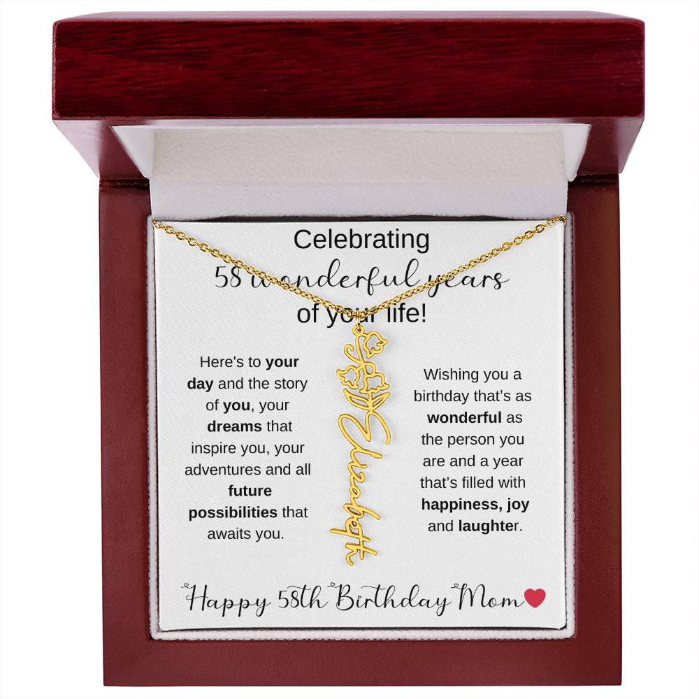 Happy 58th Birthday Mom - Flower Name Necklace