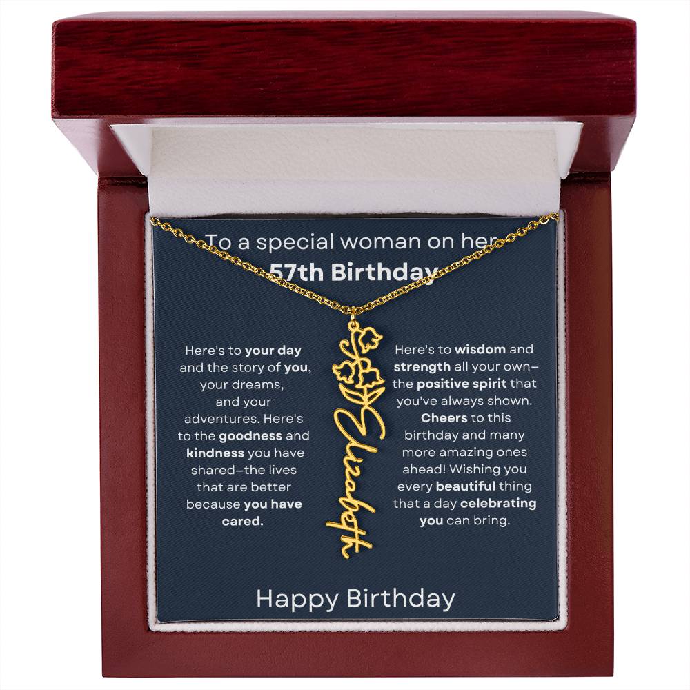To A Special Woman On Her 57th Birthday - Flower Name Necklace