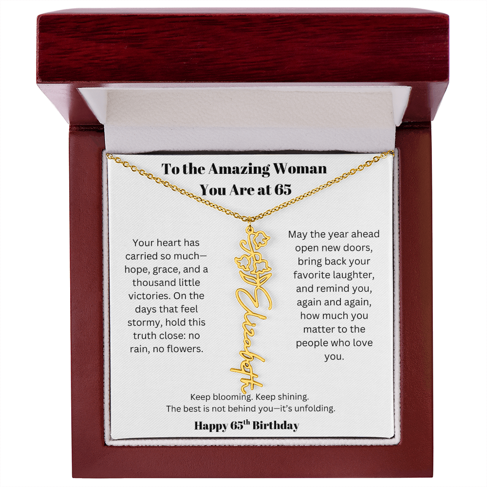 To The Amazing Woman | 65th Birthday Keepsake Jewelry | Flower Name Necklace