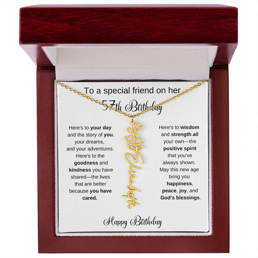 To A Special Friend | Happy 57th Birthday | Flower Name Necklace